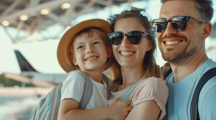 Happy family at the airport, parents and child ready for vacation travel. Smiling together in front of airplane. Sunlight background.