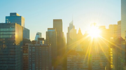 Fototapeta premium Golden Sunrise Over Urban Skyline A Serene Morning View Casting Warm Light on City Buildings