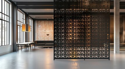 Minimalist black steel screen wall with asymmetric gaps, blending privacy with open space