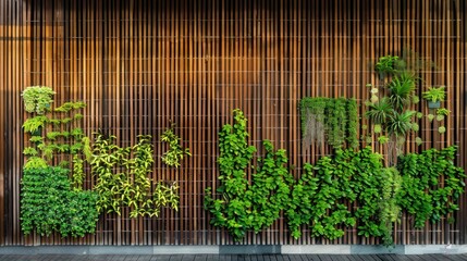 Minimalist wooden slat screen wall integrating vertical greenery for natural privacy