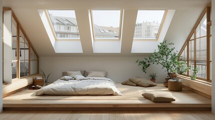 Minimalist bedroom bright lighting from skylights white walls light wooden flooring simple furniture and green plants adding a touch of nature creating a fresh and airy space