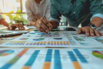 Fototapeta premium Business team having a meeting to analyze data graph charts for a marketing plan in the office.
