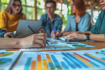 Fototapeta premium Business team having a meeting to analyze data graph charts for a marketing plan in the office.