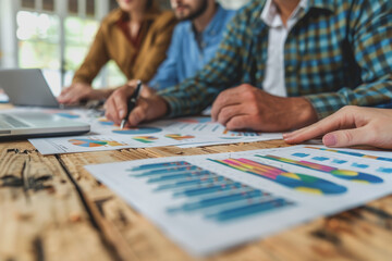 Fototapeta premium Business team having a meeting to analyze data graph charts for a marketing plan in the office.