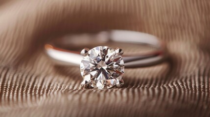 Elegant close-up of a diamond engagement ring on a textured surface. The image reveals the intricate design and sparkle of the gemstone. Ideal for wedding, luxury, and jewelry themes. AI