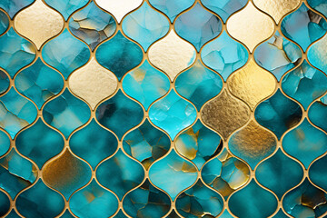 Turquoise and golden oriental mosaic pattern tile wall background