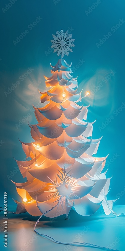 Poster Minimalist Christmas Tree Design with Elegant Paper Craft and Soft Lighting in a Serene Setting