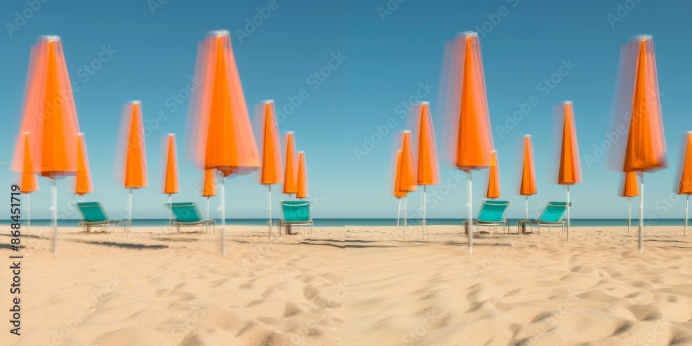 Poster Symmetrical Abstract Beach Scene with Blurred Orange Umbrellas and Turquoise Chairs in Sandy Landscape Using Long Exposure Techniques