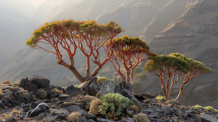 Dracaena cinnabari, a rare and protected tree, grows in the mountainous regions of Yemen, with striking red trunks and lush foliage, Ai generated Images