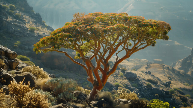 Dracaena cinnabari, a rare and protected tree, grows in the mountainous regions of Yemen, with striking red trunks and lush foliage, Ai generated Images
