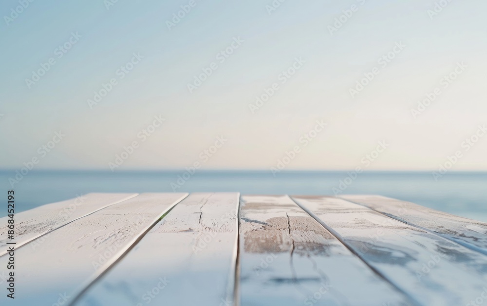 Aufkleber Serene Summer Coastal Scene with Smooth White Table for Product Display, Bokeh Background with Soft Sunlight and Tranquil Blue Tones