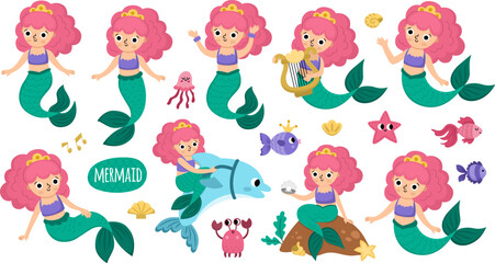 Vector mermaids set. Underwater kingdom collection with ocean princess with pink hair. Cartoon marine fairytale character for kids. Water adventures clipart with siren in different poses