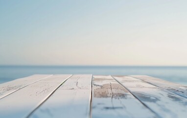 Serene Summer Coastal Scene with Smooth White Table for Product Display, Bokeh Background with Soft Sunlight and Tranquil Blue Tones