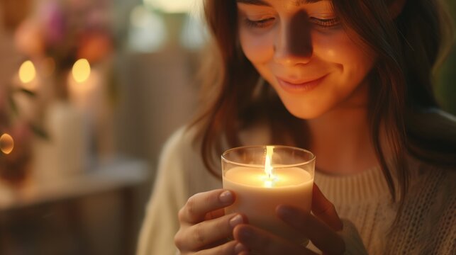 Woman Enjoying Candle Fragrance at Home with Spring Vibes 