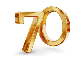 70 seventy, number golden metallic, jublee or years, age and birthday or rate as 3d-illustration, gold colored icon as symbol, isolated