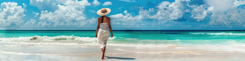 Miami Vacation. Luxury Beach Holiday - Elegant Woman Walking on Caribbean Beach