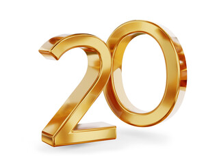 20 twenty, number golden metallic, jublee or years, age and birthday or rate as 3d-illustration, gold colored icon as symbol, isolated