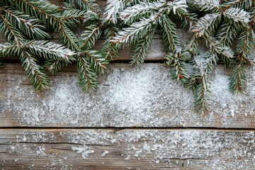 Naklejka premium Modern Christmas Border. Aged Wooden Background with Fir Branches, Garland, and Snow Decoration