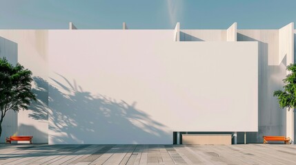 Tranquil Beach-Themed Outdoor Advertising Space with Blank Billboard, Subtle Umbrella Shadows and Wooden Flooring in a Modern Coastal Setting