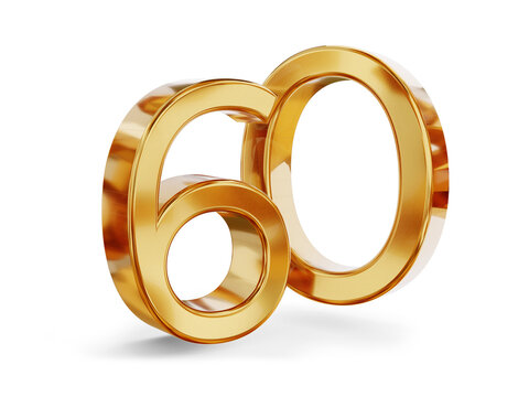60 sixty, number golden metallic, jublee or years, age and birthday or rate as 3d-illustration, gold colored icon as symbol, isolated