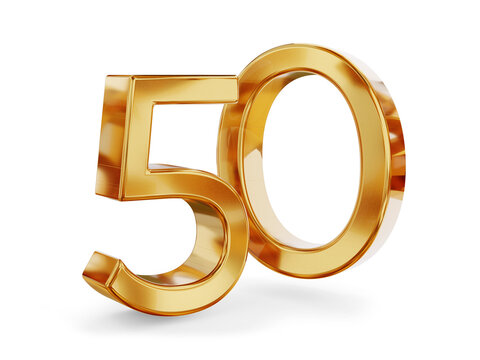 50 fifty, number golden metallic, jublee or years, age and birthday or rate as 3d-illustration, gold colored icon as symbol, isolated
