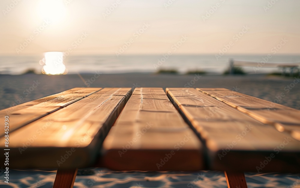 Poster tranquil summer beach scene with smooth sandy table for product display, bright natural light and bo