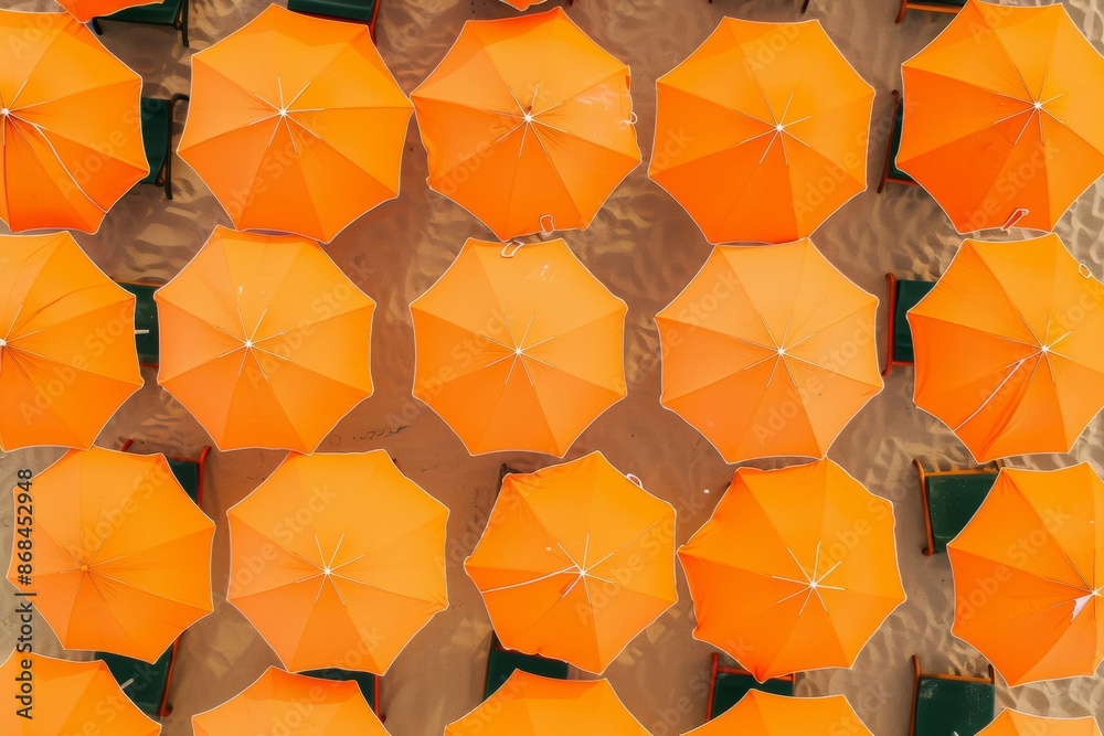 Poster symmetrical aerial view of orange beach umbrellas creating intricate geometric patterns on sandy bea