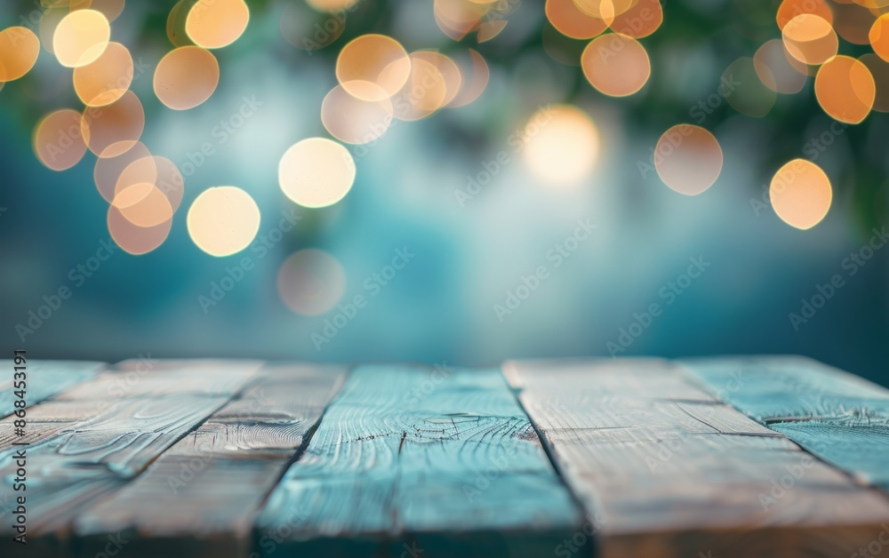 Poster festive holiday display space on a smooth blue wooden table with soft bokeh background and cozy glow