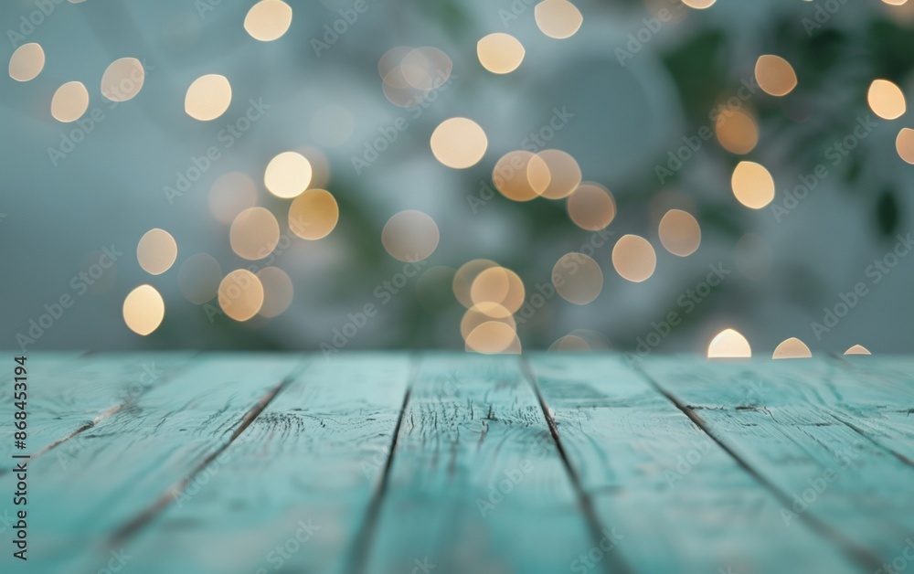 Poster soft blue wooden table with festive bokeh background in cozy indoor setting for holiday theme displa