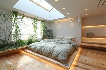 Minimalist bedroom bright lighting from skylights white walls light wooden flooring simple furniture and green plants adding a touch of nature creating a fresh and airy space
