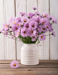 Vintage white wood with bouquet of lilac daisies