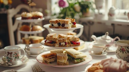 A British afternoon tea setup with scones and finger sandwiches