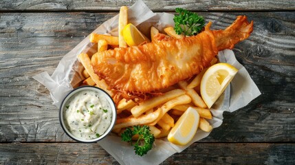 A British fish and chips meal served with tartar sauce