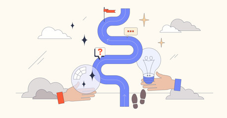 Intuition or future vision with predictions tiny person neubrutalism concept. Business strategy planning and businessman ability to predict right decisions vector illustration. Career path insight.