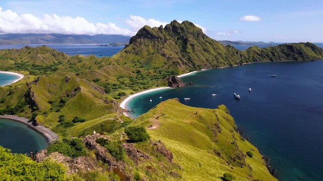 Aerial drone of pulau padar Labuan Bajo of indonesia, beutiful beach small island tropical