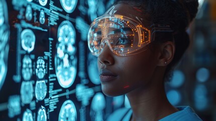 Design a conceptual artwork highlighting the transformative potential of VR goggles, AI animations, and spinning holograms in healthcare and medical