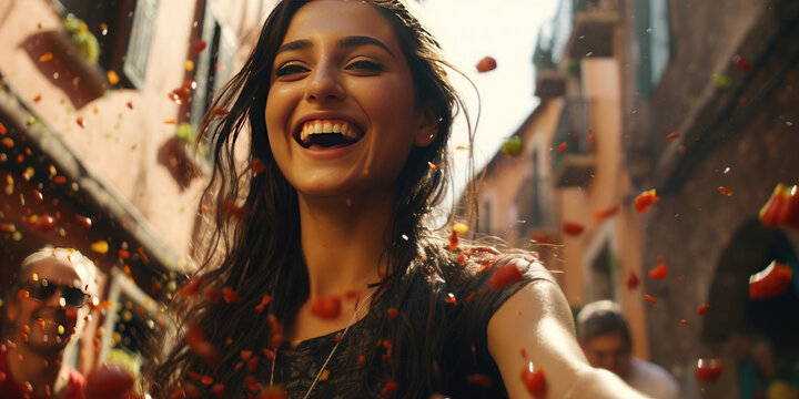 La Tomatina festival, Happy young woman wearing tomatoes. People throwing tomatoes. The annual tomato fight takes place in Spain on the last Wednesday of August in the town of Bunol.