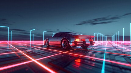 A futuristic car is driving down a neon-lit road