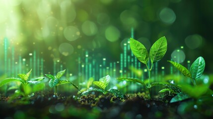Green financial charts with fresh leaves, symbolizing environmental finance, illustration background