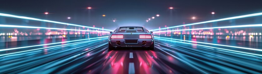 Fototapeta premium A futuristic car is driving down a road with neon lights in the background