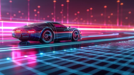Obraz premium A futuristic car is driving down a road with neon lights in the background