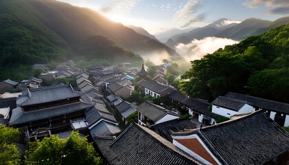 Aerial view of an ancient Chinese village, misty mountains, traditional tiled roofs