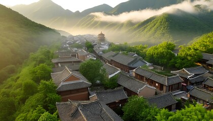 Aerial view of an ancient Chinese village, misty mountains, traditional tiled roofs