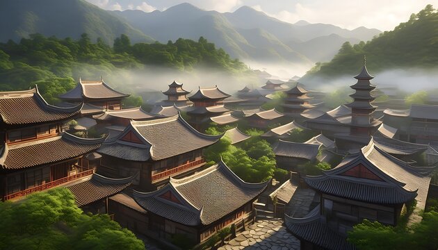 Aerial view of an ancient Chinese village, misty mountains, traditional tiled roofs - Powered by Adobe