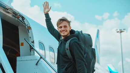 Happy traveler waves goodbye before boarding airplane. Casual travel style with backpack ready for adventure. Perfect for travel blogs, holiday magazines or promotional material. AI