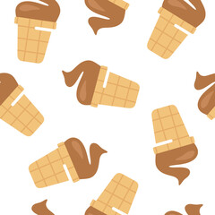 Ice cream with seamless background. Ice cream in waffle cup pattern