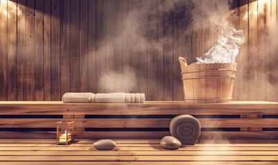 A wooden interior of an electrically heated steam room with steaming stones and towels on the side, steam rising from under its slats.