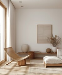 Cozy interior with white wall, light wood finishes, and minimalist furniture