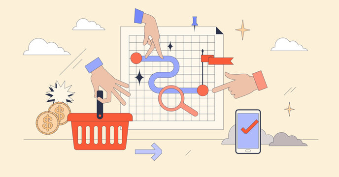 Customer journey experience for successful purchase tiny person neubrutalism concept. Client shopping process map with decision, product choice, evaluation, buying and feedback vector illustration.