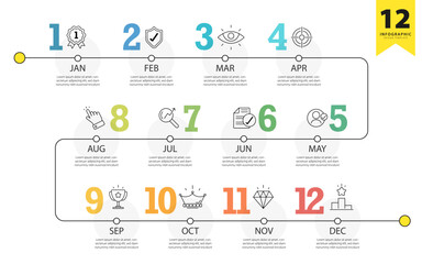 Timeline calendar infographic template. 12 Step timeline journey, Simple flat year plan infographics. Business concept with 12 options, diagram vector illustration.